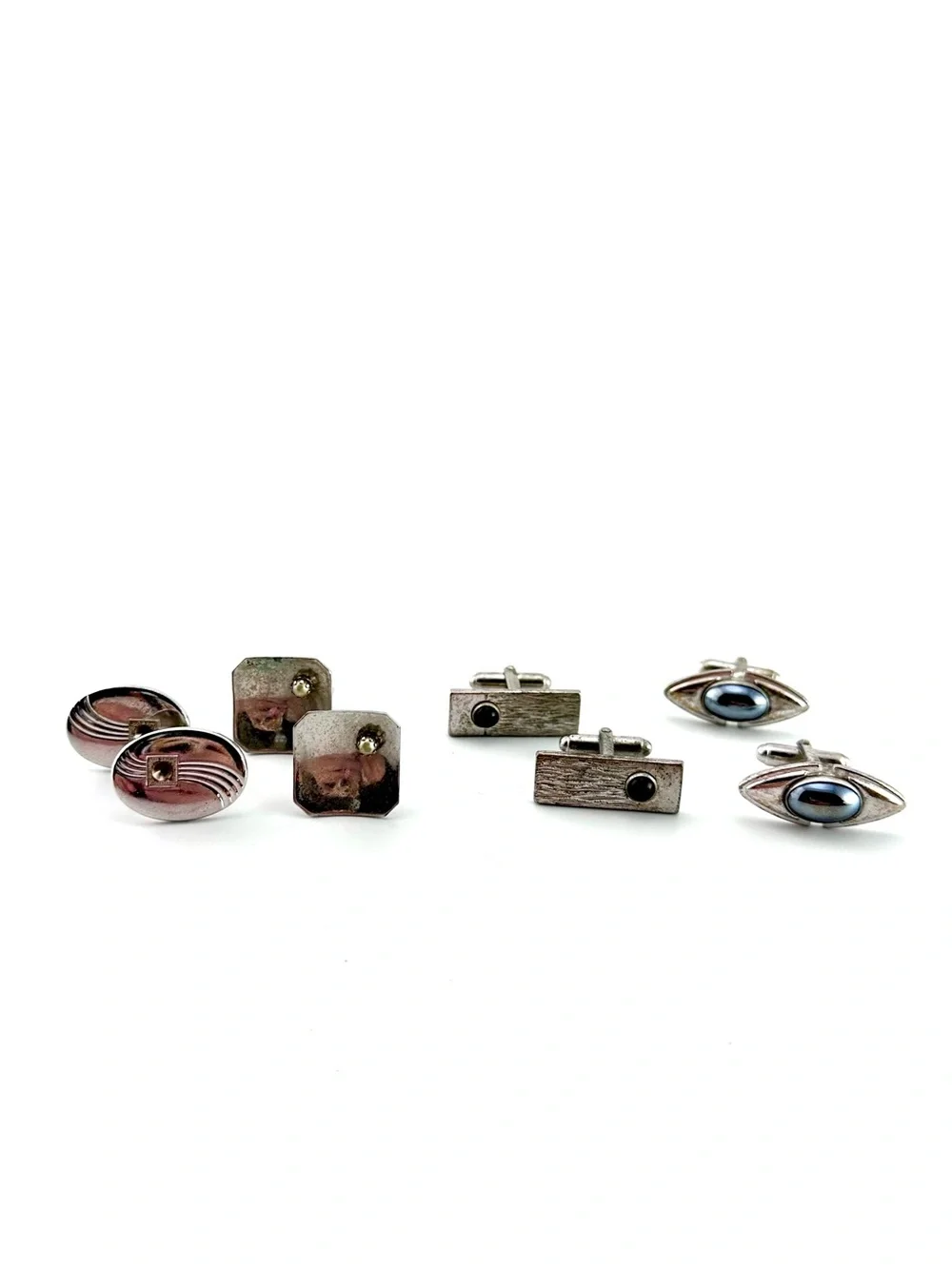 Vintage Silver Tone Cufflinks Lot - 4 Pairs Mid Century Geometric & Stone